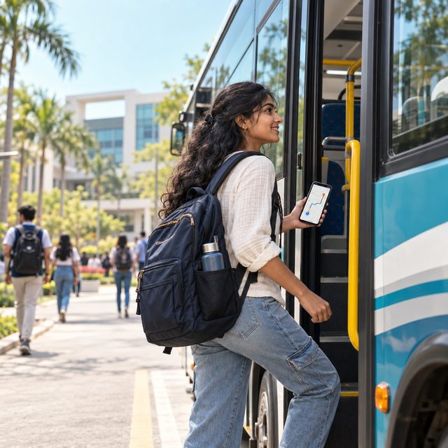 A student checking her college bus on her phone outside campus