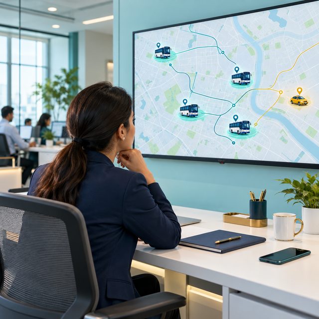 An admin seeing every staff bus and cab on a laptop map
