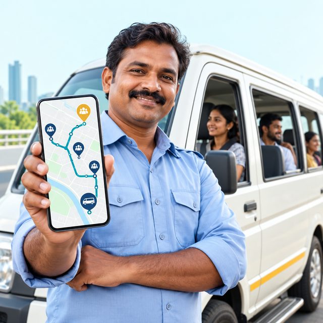 A van driver showing the trip on his phone, passengers inside