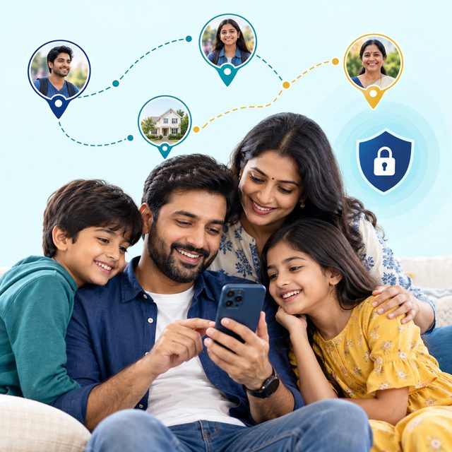 A family sharing their locations on a phone
