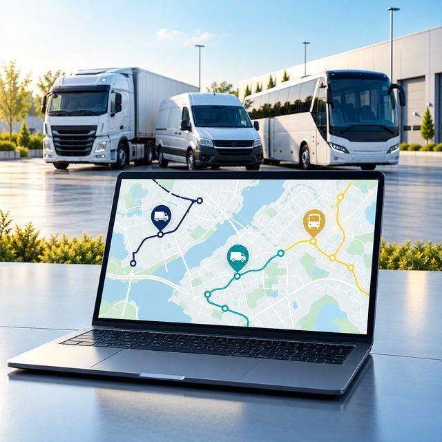 A fleet manager tracking trucks and vans on a laptop